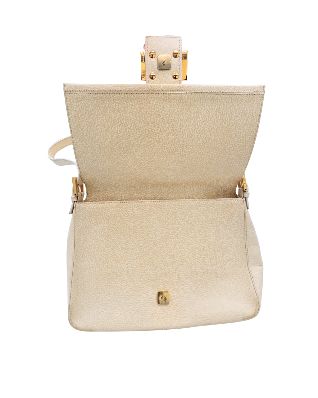 Fendi Mama Baguette Cream Speckled Leather Shoulder Bag with Pink and Gold Buckle
