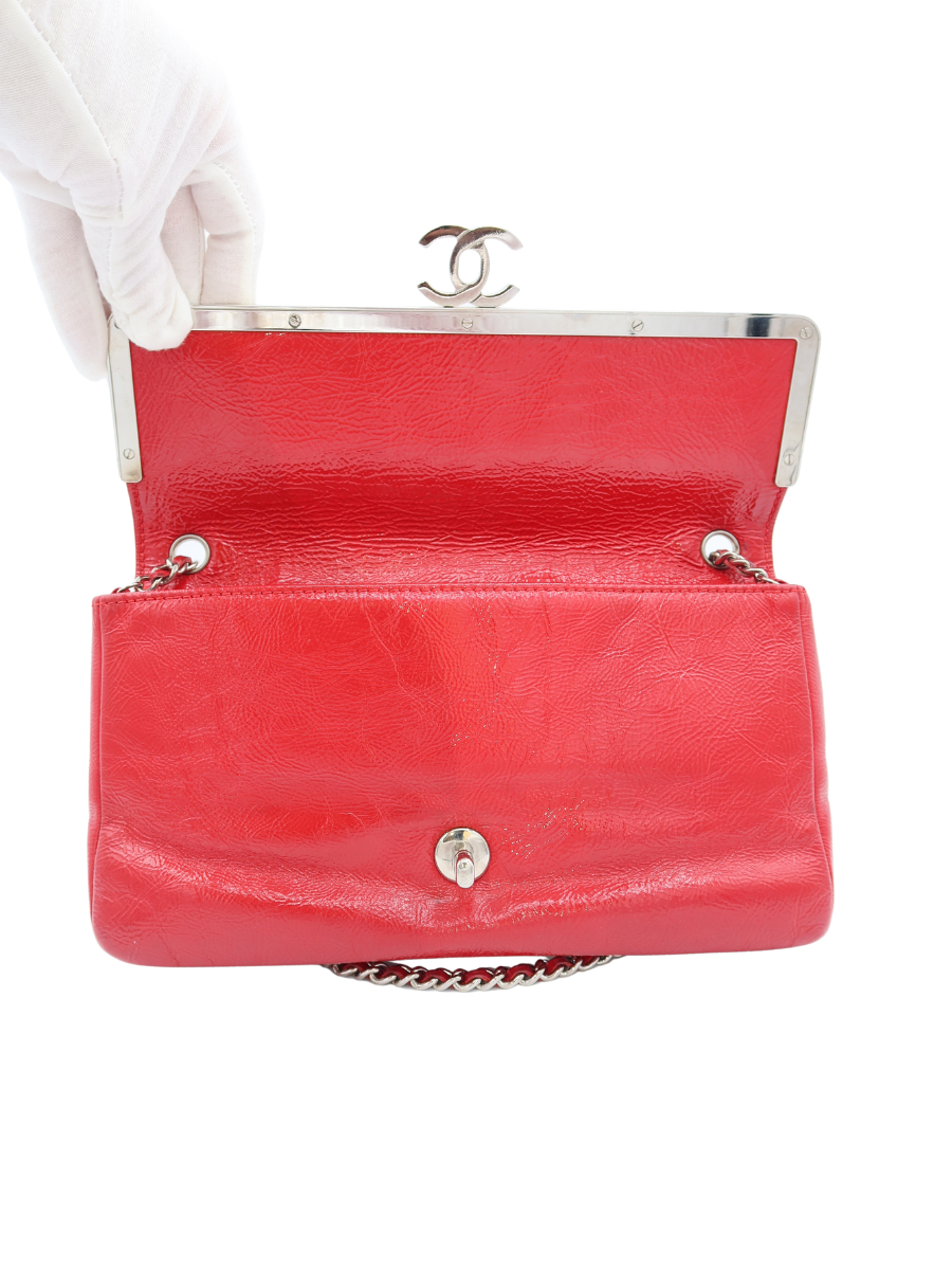 Chanel Vintage Red Crinkled Patent Leather Frame Flap Bag with Silver Hardware 2006-2008