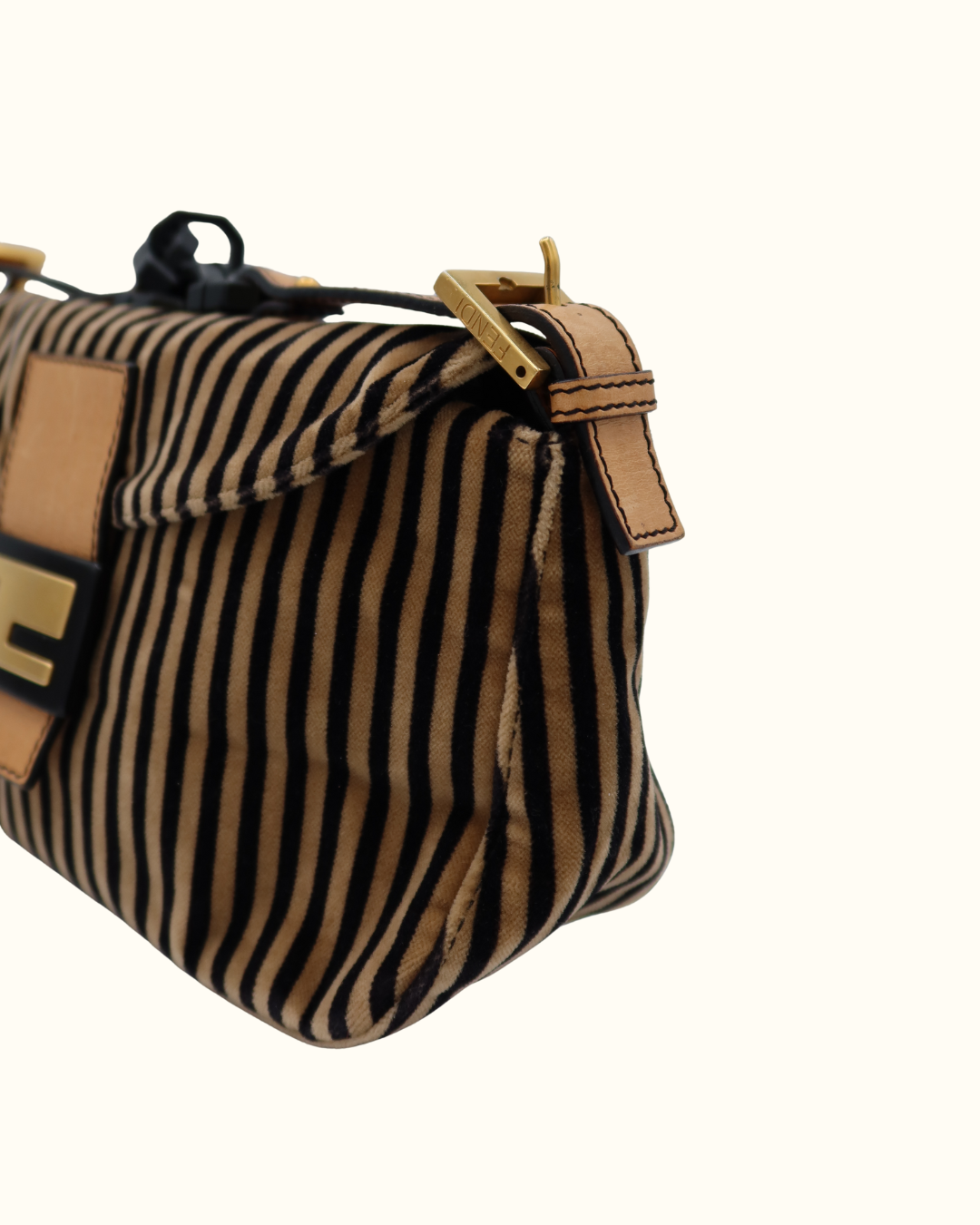 Fendi Velvet Black Beige Striped Baguette Bag