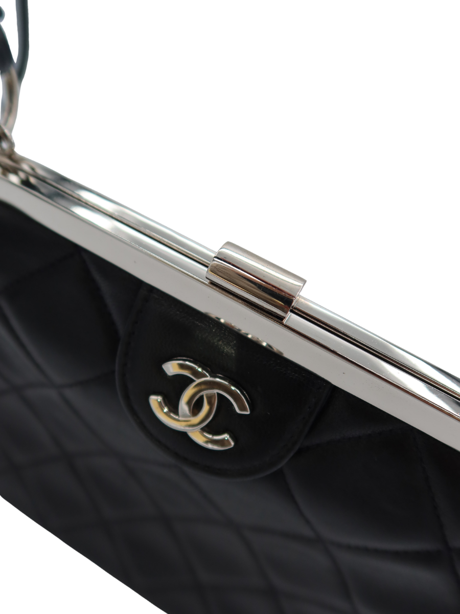 Chanel Vintage Black Quilted Lambskin Kiss Lock Frame Top Handle Bag 1996-1997