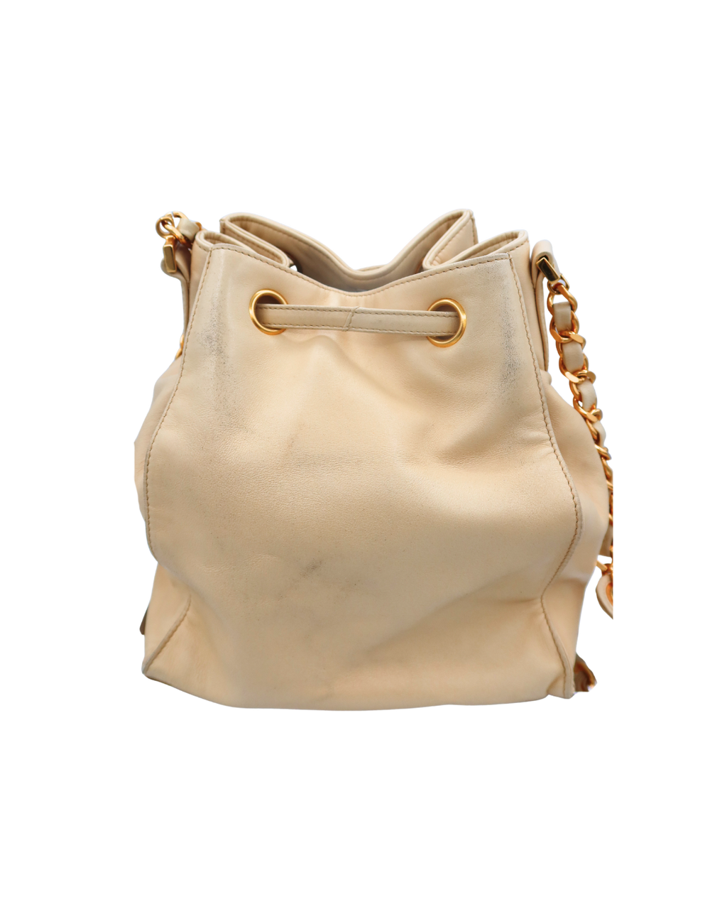 Chanel Vintage CC Drawstring Bucket Bag in Beige Lambskin Leather 1994-1996
