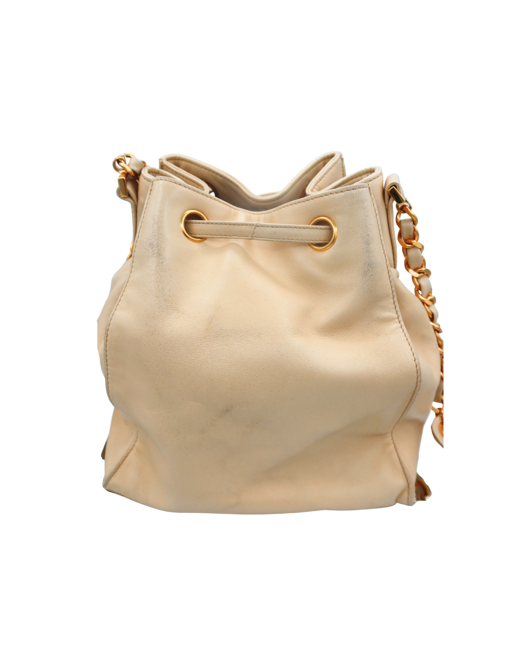 Chanel Vintage CC Drawstring Bucket Bag in Beige Lambskin Leather 1994-1996