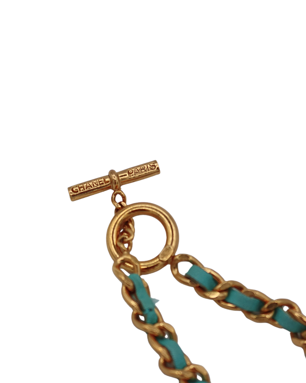 Chanel Vintage Gold Plated CC Medallion Aqua Leather Chain Bracelet