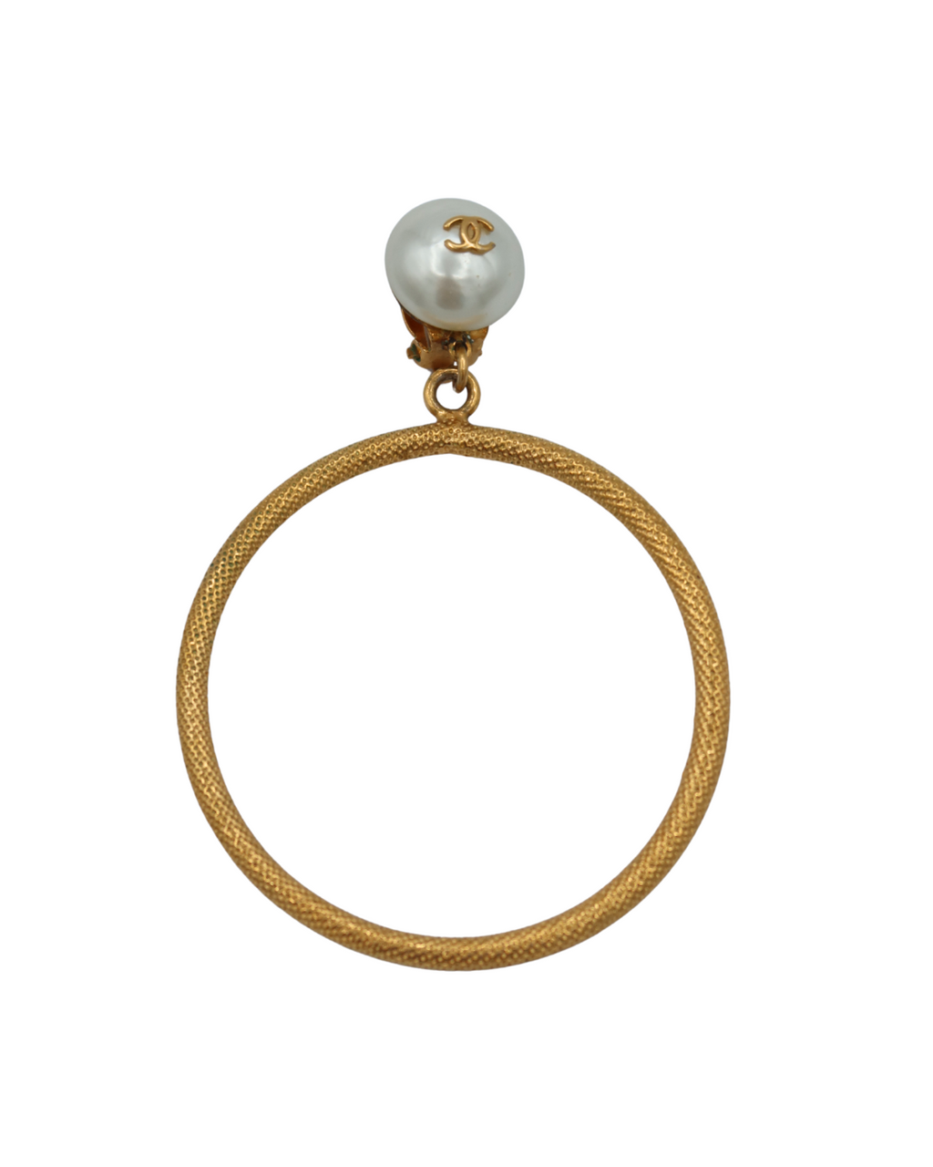 Chanel Vintage Gold Plated Hoop Clip On Earrings with Faux Pearl