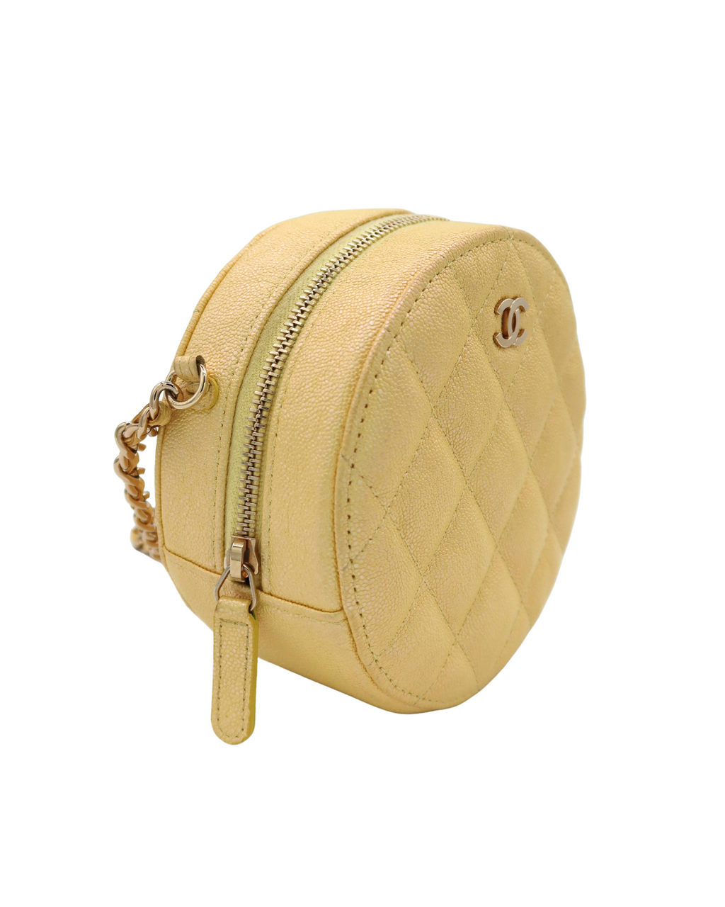 Chanel Round Clutch with Chain Mini Quilted Iridescent Caviar Leather Crossbody