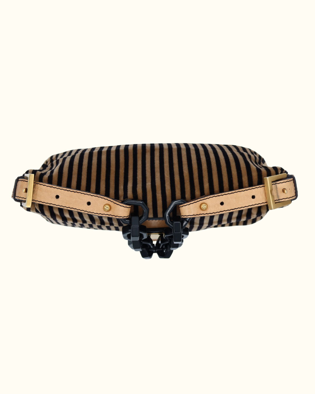 Fendi Velvet Black Beige Striped Baguette Bag