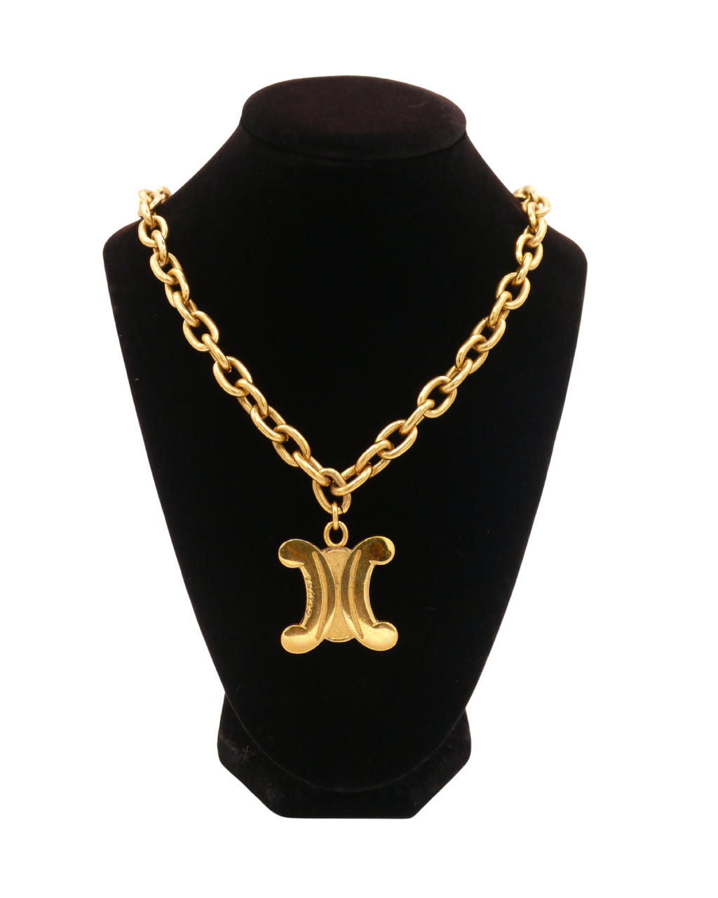 Celine Vintage Gold Tone Blazon Triomphe Logo Pendant Necklace