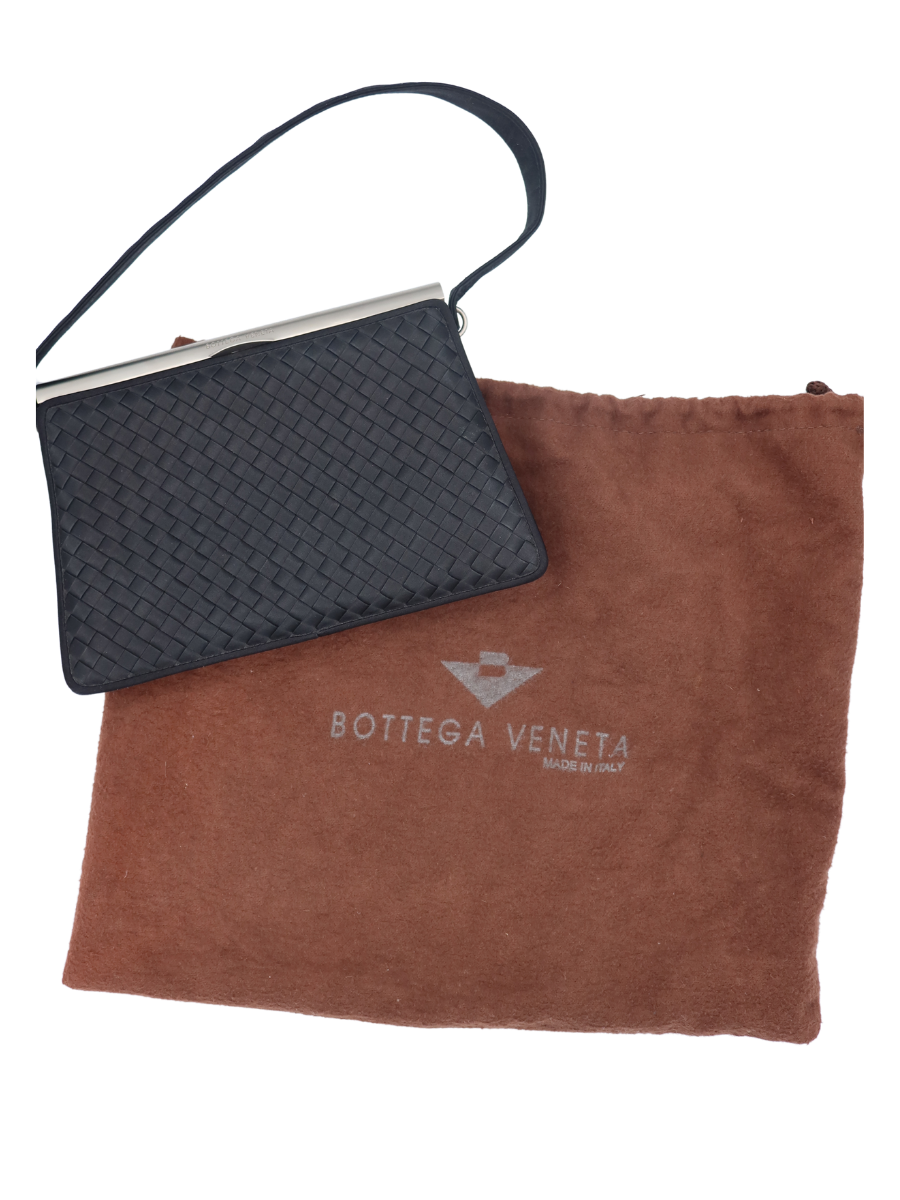 Bottega Veneta Vintage Black Intrecciato Frame Evening Bag with Silver Hardware