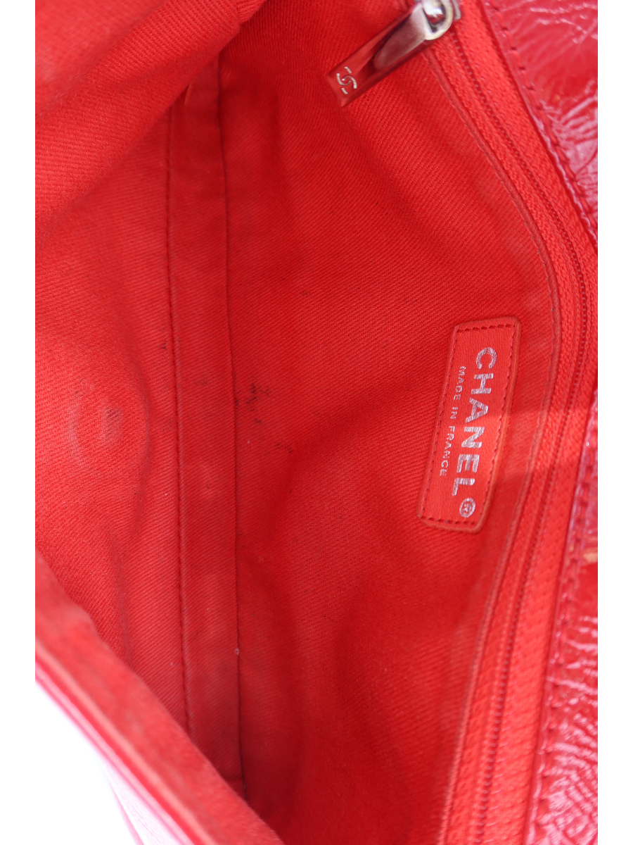 Chanel Vintage Red Crinkled Patent Leather Frame Flap Bag with Silver Hardware 2006-2008