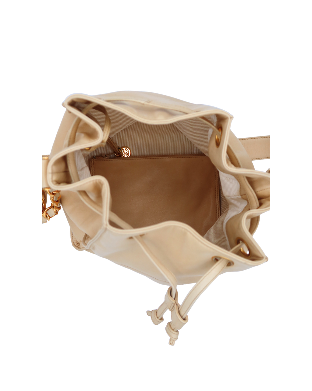 Chanel Vintage CC Drawstring Bucket Bag in Beige Lambskin Leather 1994-1996