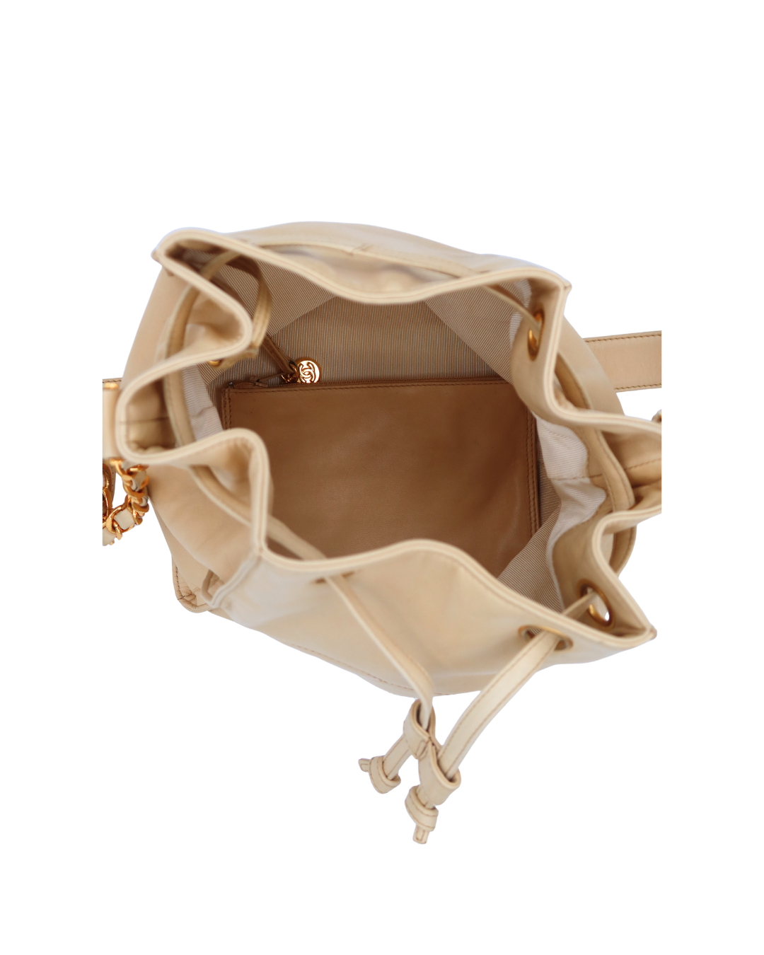 Chanel Vintage CC Drawstring Bucket Bag in Beige Lambskin Leather 1994-1996