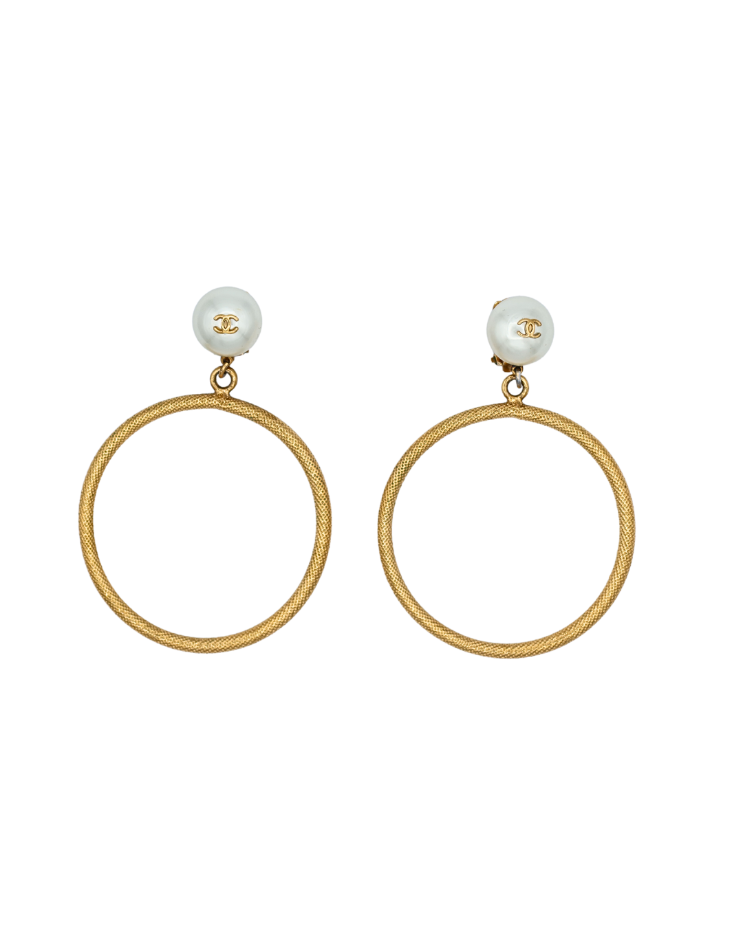 Chanel Vintage Gold Plated Hoop Clip On Earrings with Faux Pearl