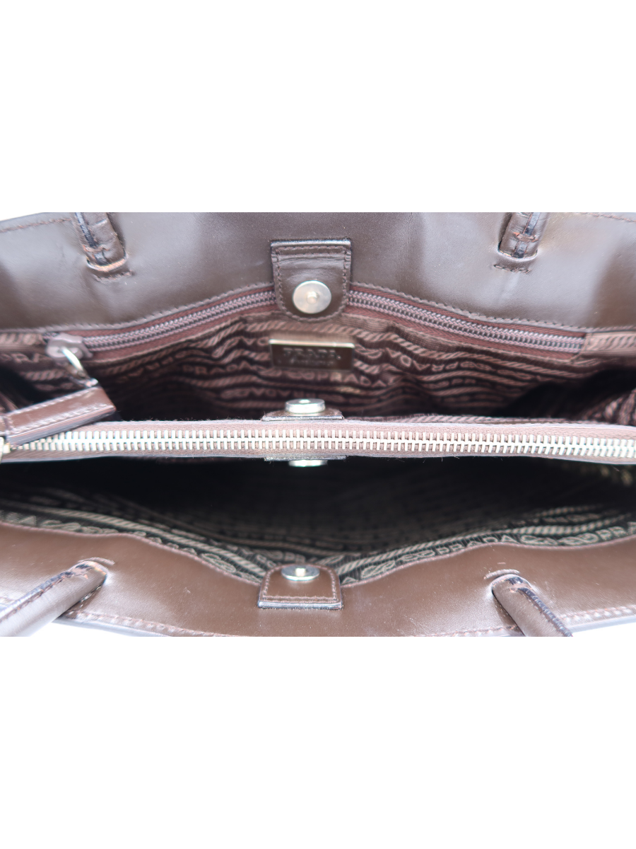 Prada Vintage Brown Leather Logo Tote Bag