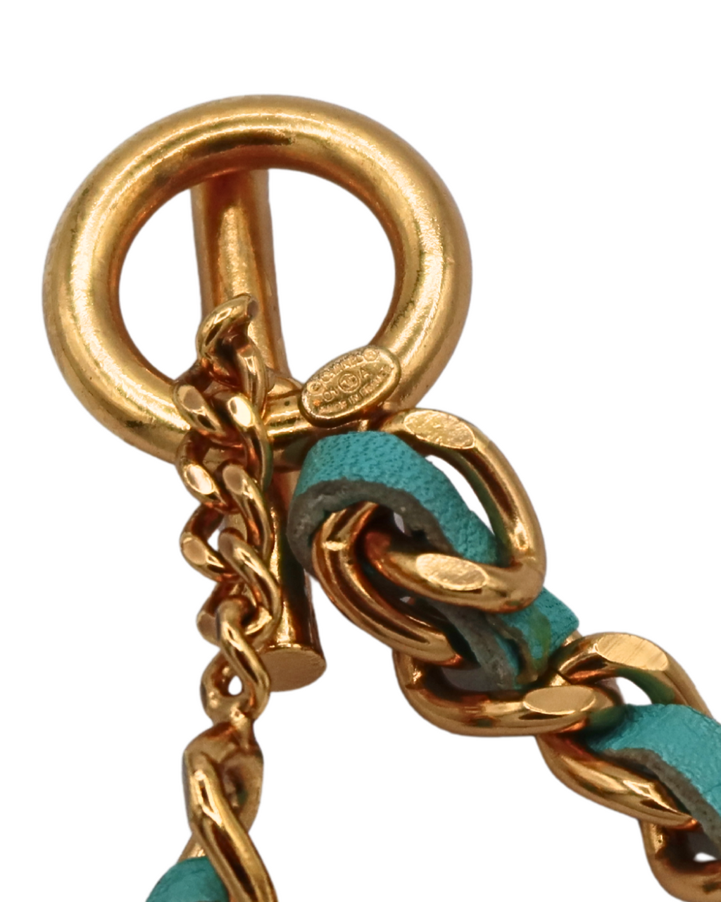 Chanel Vintage Gold Plated CC Medallion Aqua Leather Chain Bracelet