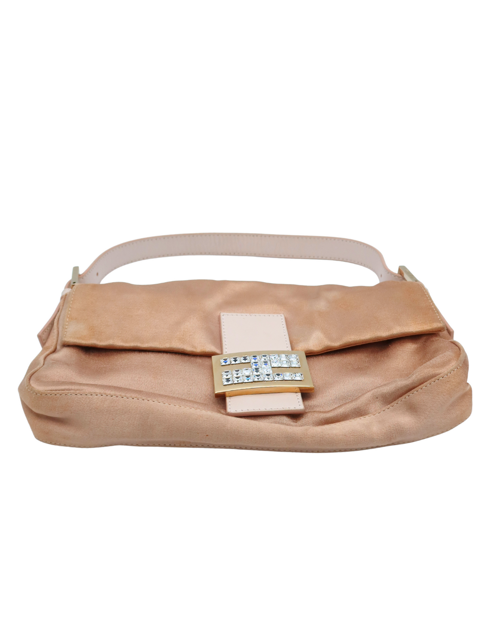 Fendi Baguette Shoulder Bag Pink Satin w/ Leather Straps & Rhinestone Hardware