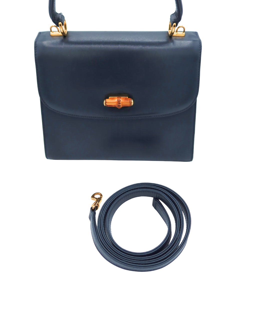 Gucci Vintage Blue-Black Leather Bamboo Clasp Top Handle Bag with Strap