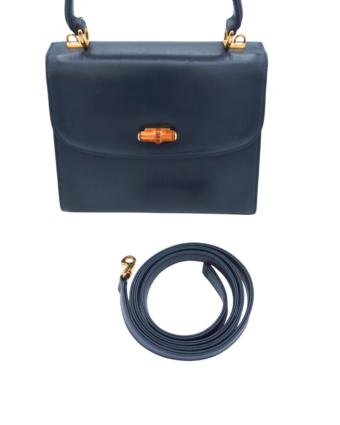 Gucci Vintage Blue-Black Leather Bamboo Clasp Top Handle Bag with Strap