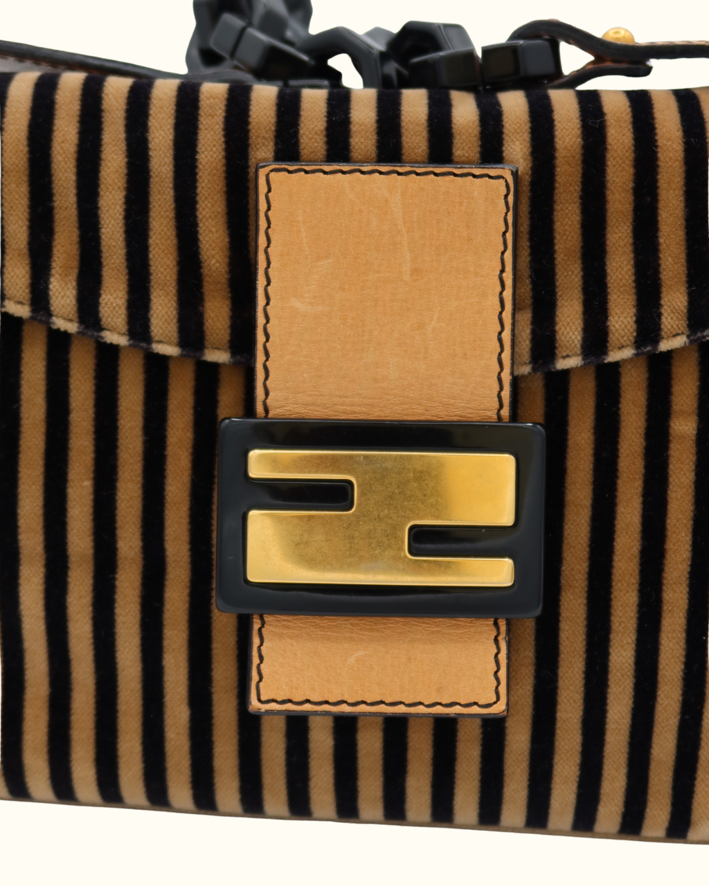Fendi Velvet Black Beige Striped Baguette Bag