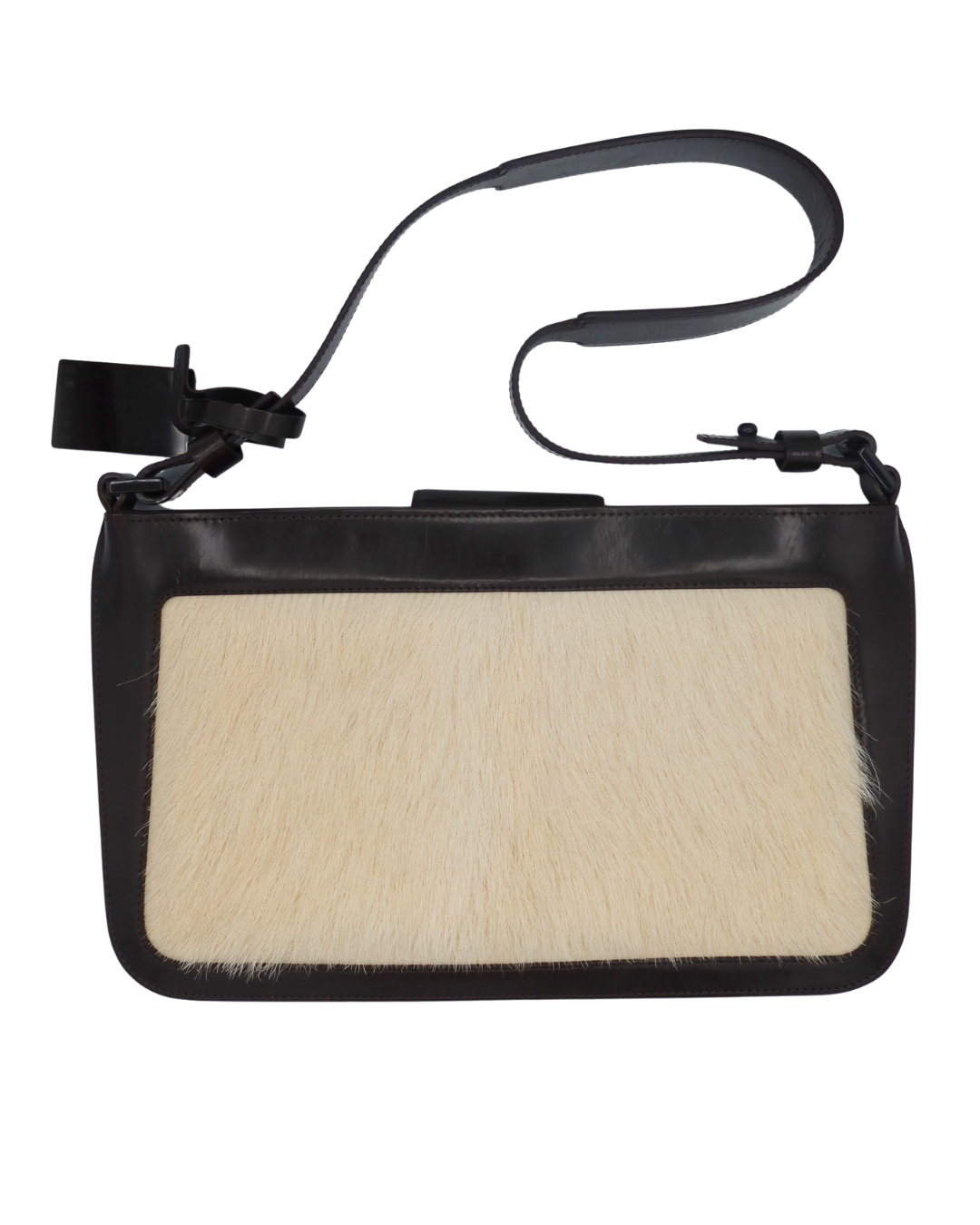 Celine Vintage Ivory Pony Hair and Brown Leather Shoulder Bag