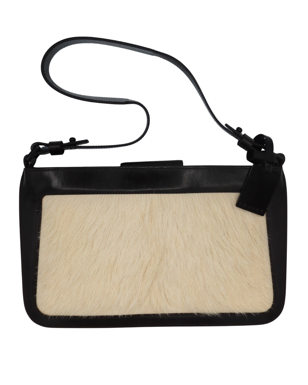 Celine Vintage Ivory Pony Hair and Brown Leather Shoulder Bag
