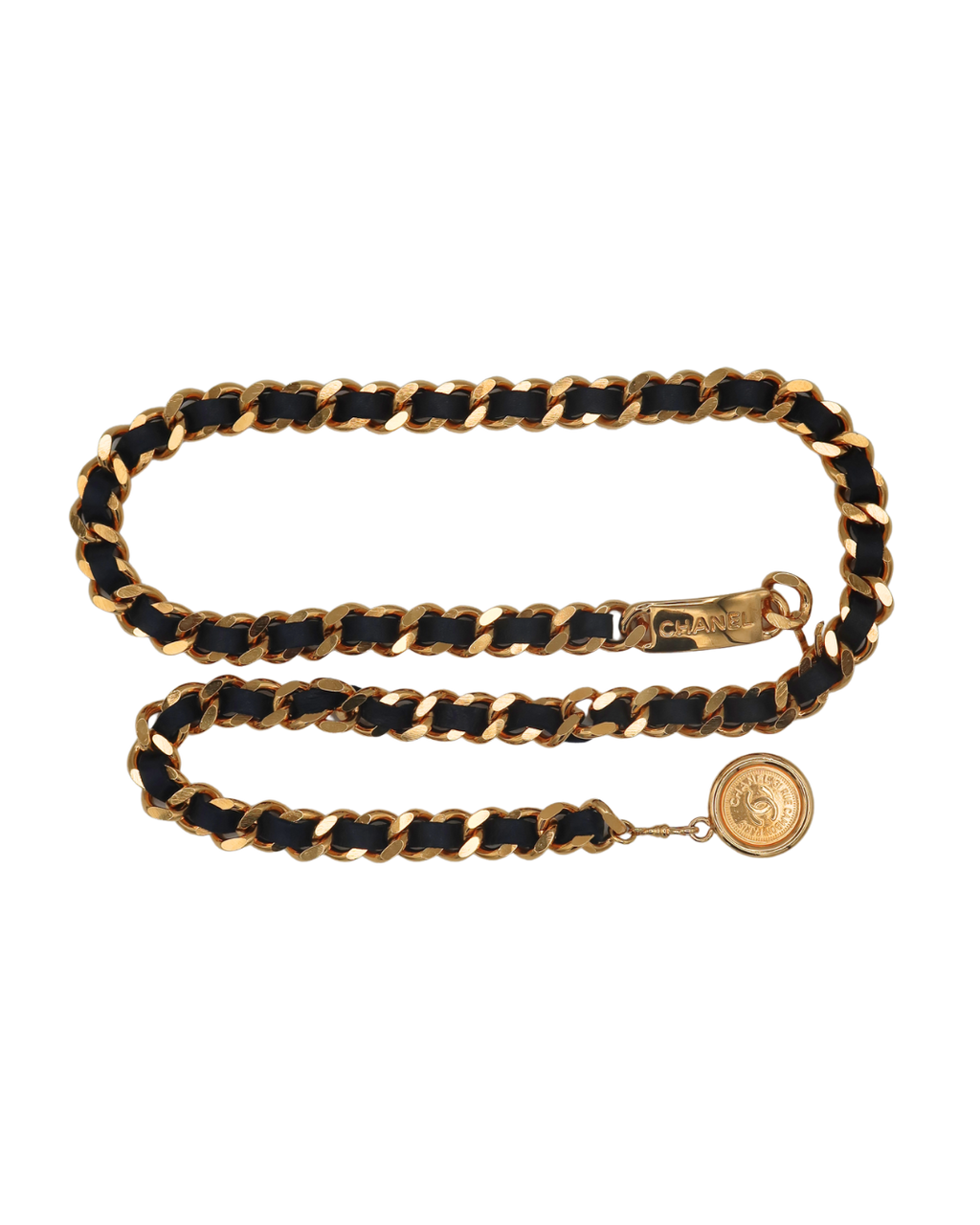 Chanel Authentic Vintage Black Leather and Gold Tone Chain Belt with CC Medallion Charm