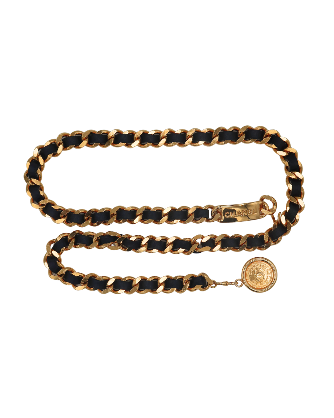 Chanel Authentic Vintage Black Leather and Gold Tone Chain Belt with CC Medallion Charm