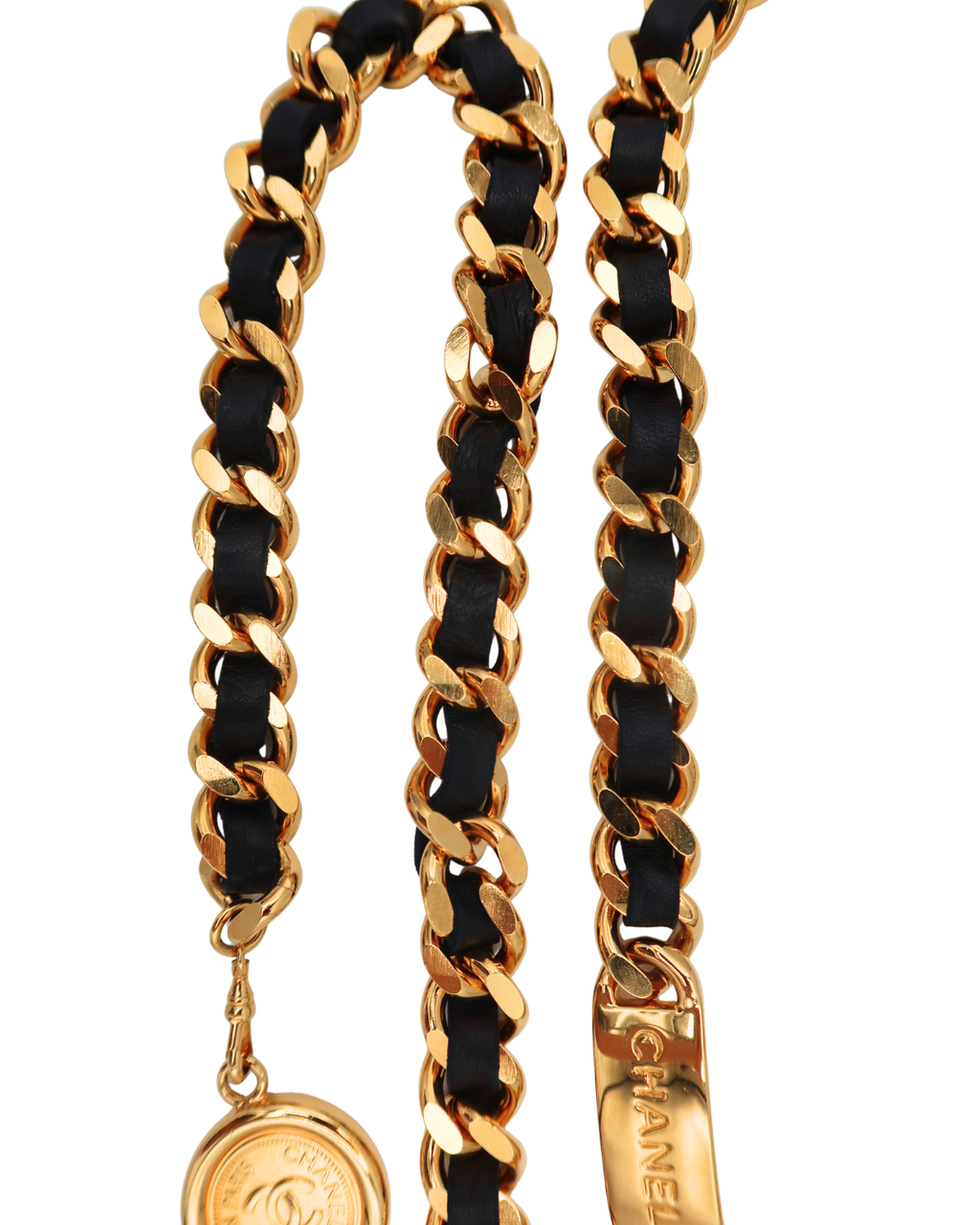 Chanel Authentic Vintage Black Leather and Gold Tone Chain Belt with CC Medallion Charm