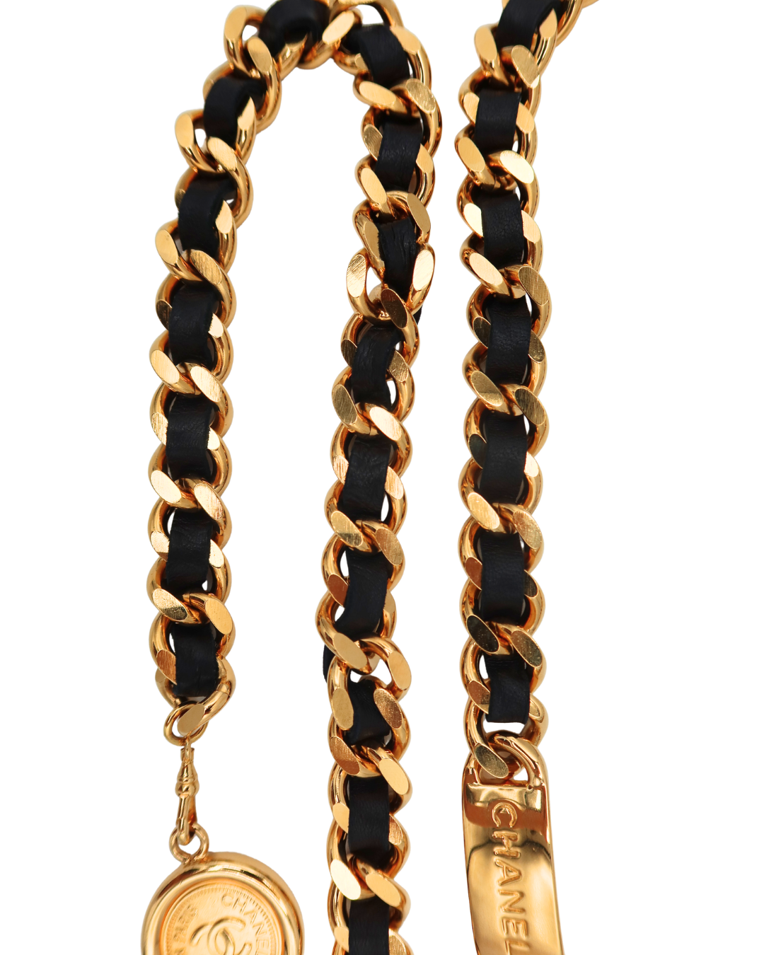 Chanel Authentic Vintage Black Leather and Gold Tone Chain Belt with CC Medallion Charm