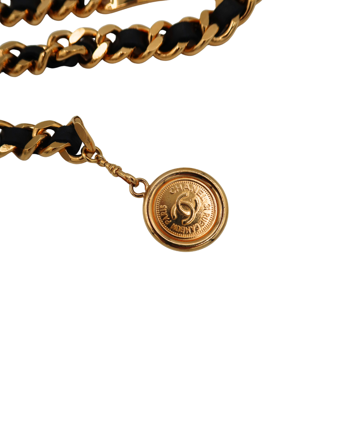 Chanel Authentic Vintage Black Leather and Gold Tone Chain Belt with CC Medallion Charm