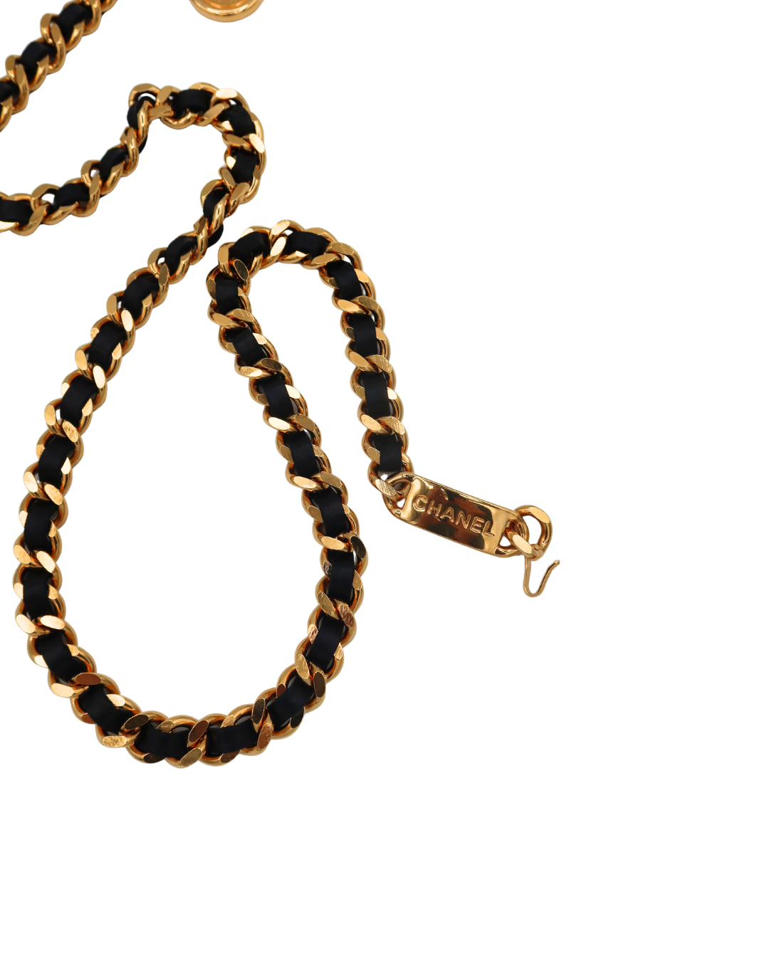 Chanel Authentic Vintage Black Leather and Gold Tone Chain Belt with CC Medallion Charm
