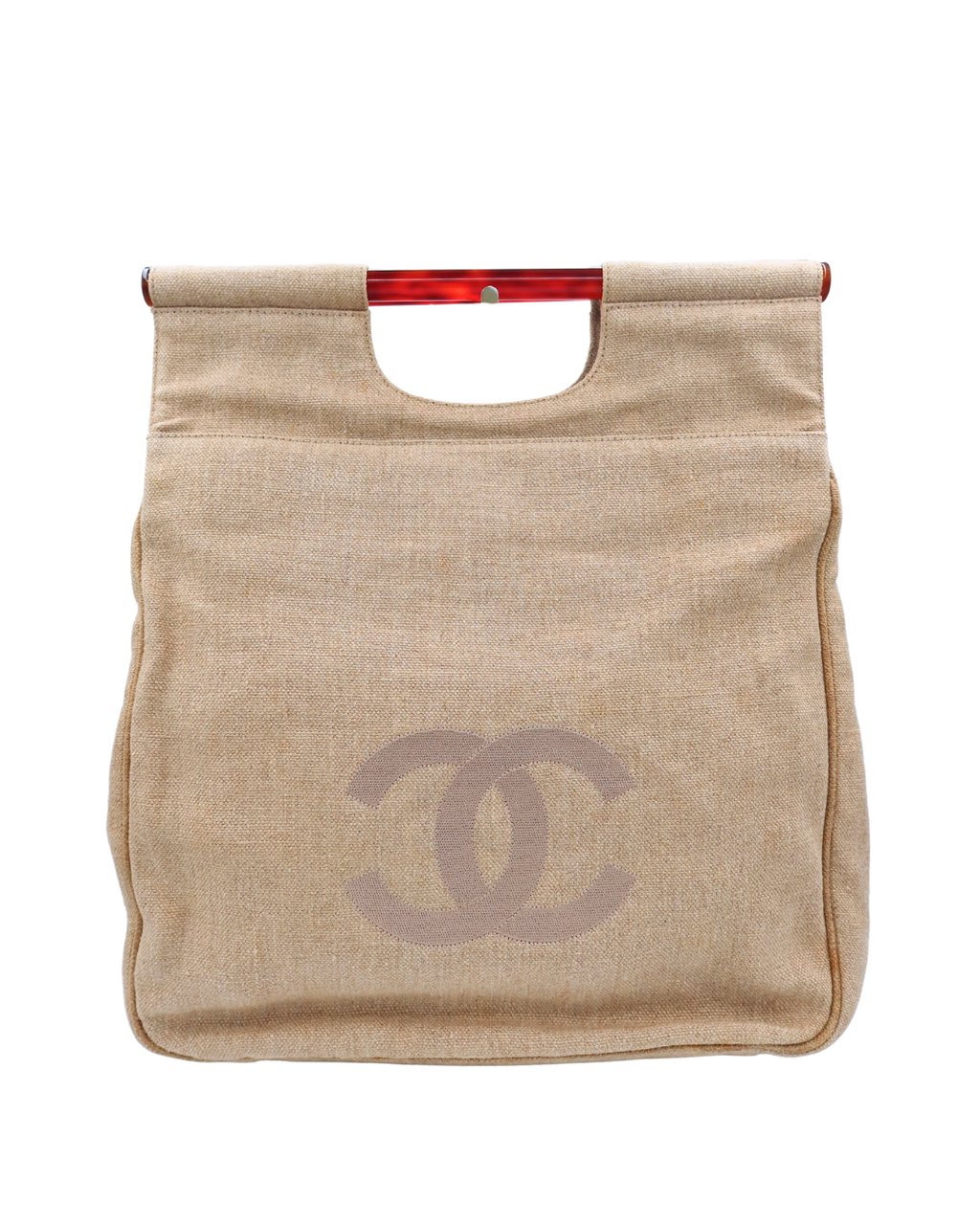 Chanel Vintage CC Canvas Linen Tortoise Handle Tote Bag 1996-1997