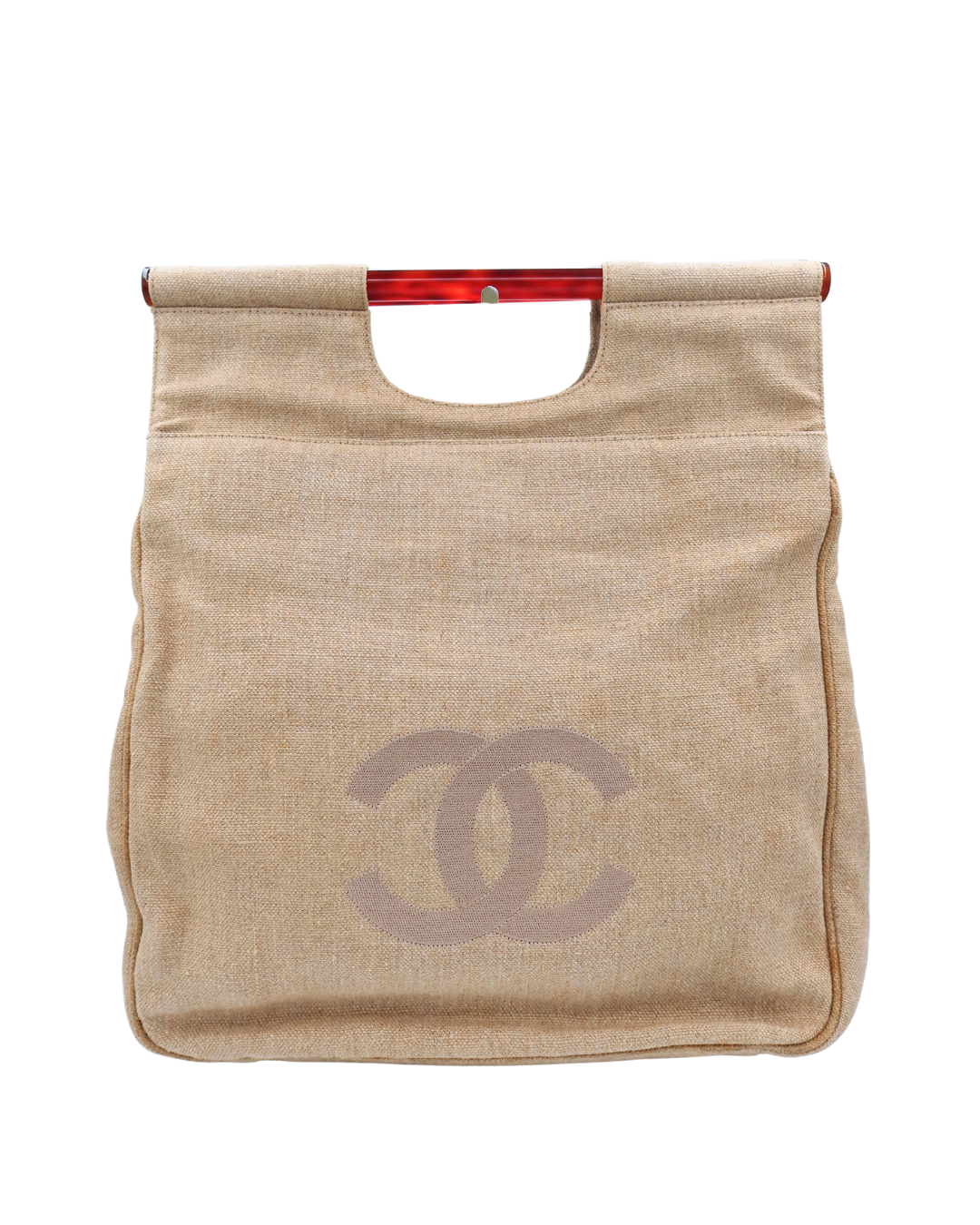 Chanel Vintage CC Canvas Linen Tortoise Handle Tote Bag 1996-1997
