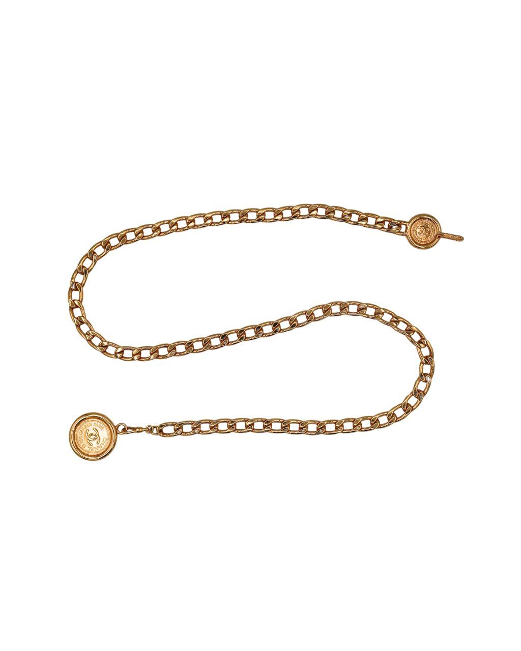 Chanel Authentic Vintage Gold Chain Belt with Double Rue Cambon Medallion Pendants 1994