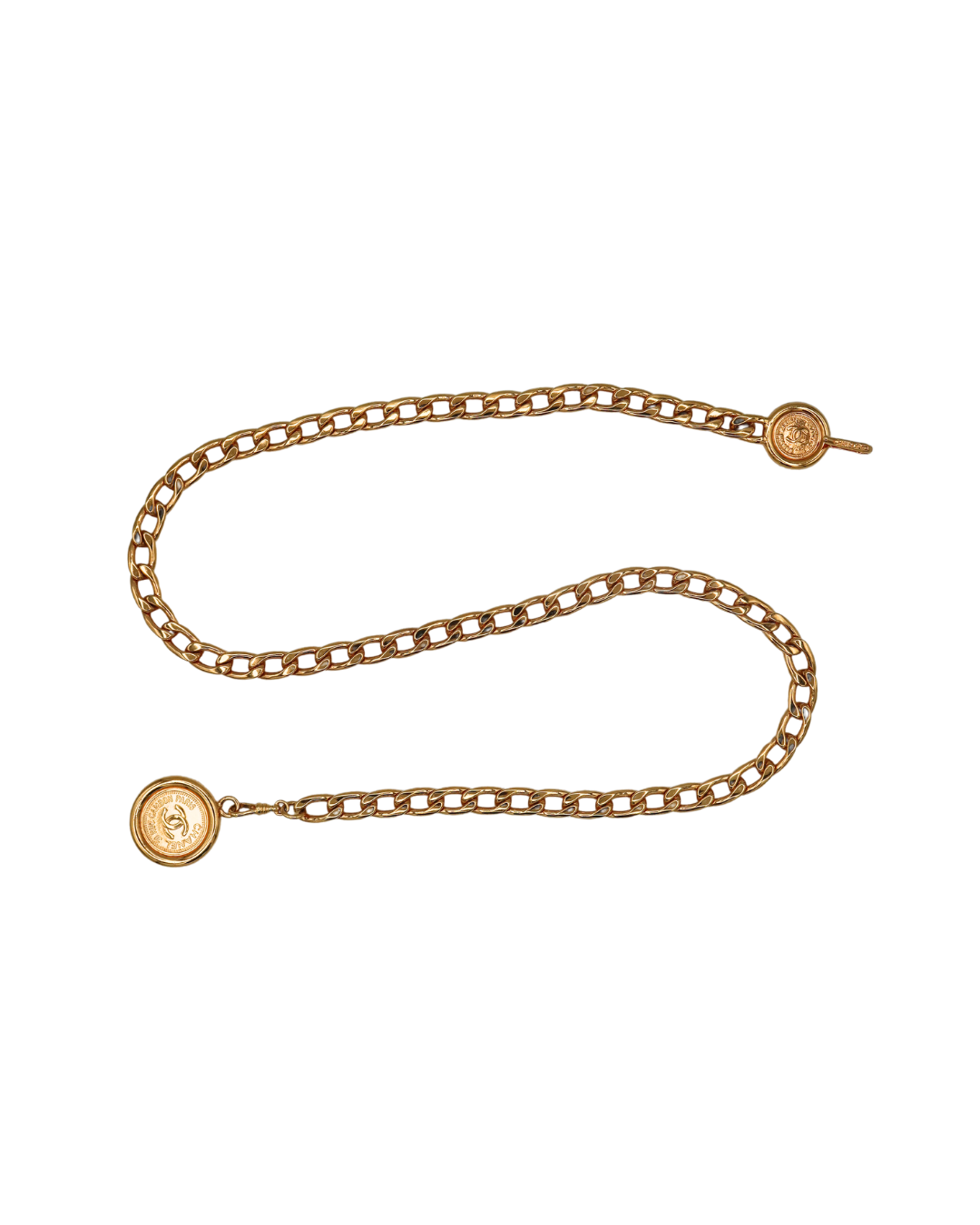 Chanel Authentic Vintage Gold Chain Belt with Double Rue Cambon Medallion Pendants 1994
