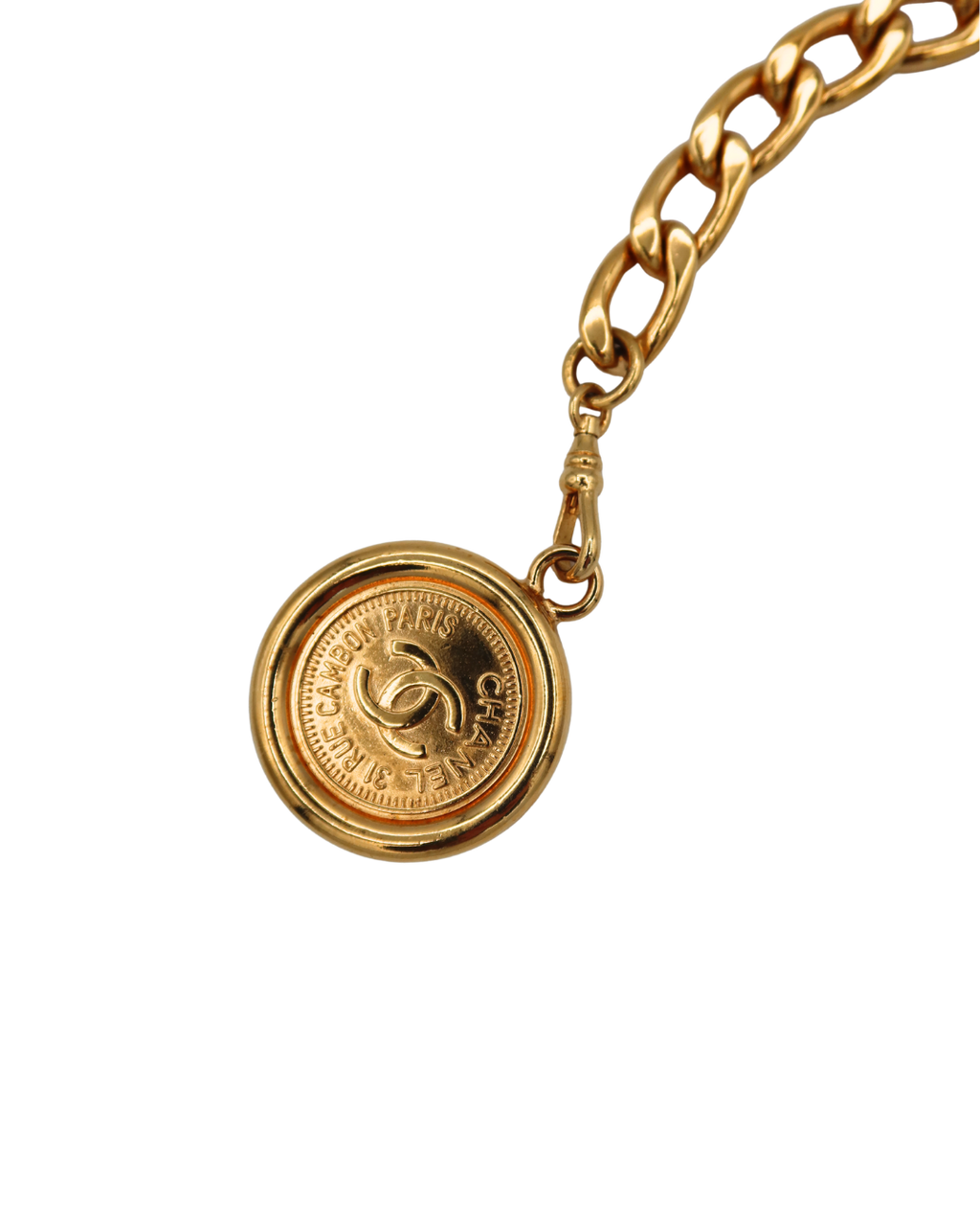 Chanel Authentic Vintage Gold Chain Belt with Double Rue Cambon Medallion Pendants 1994