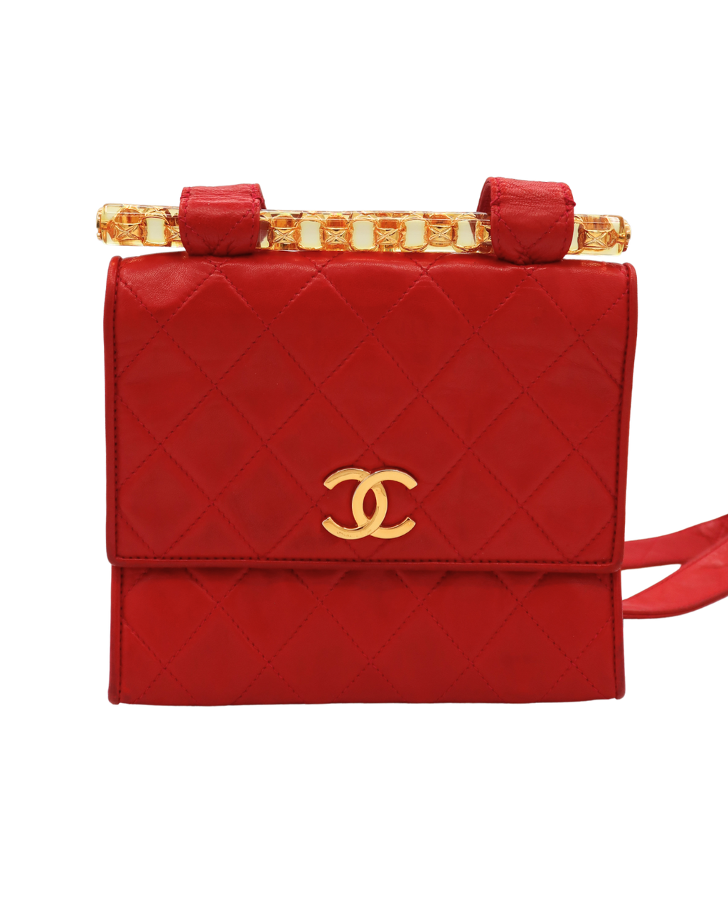Chanel RARE Vintage Red Lambskin Clear Bijoux Chain Shoulder Bag 1989-1991