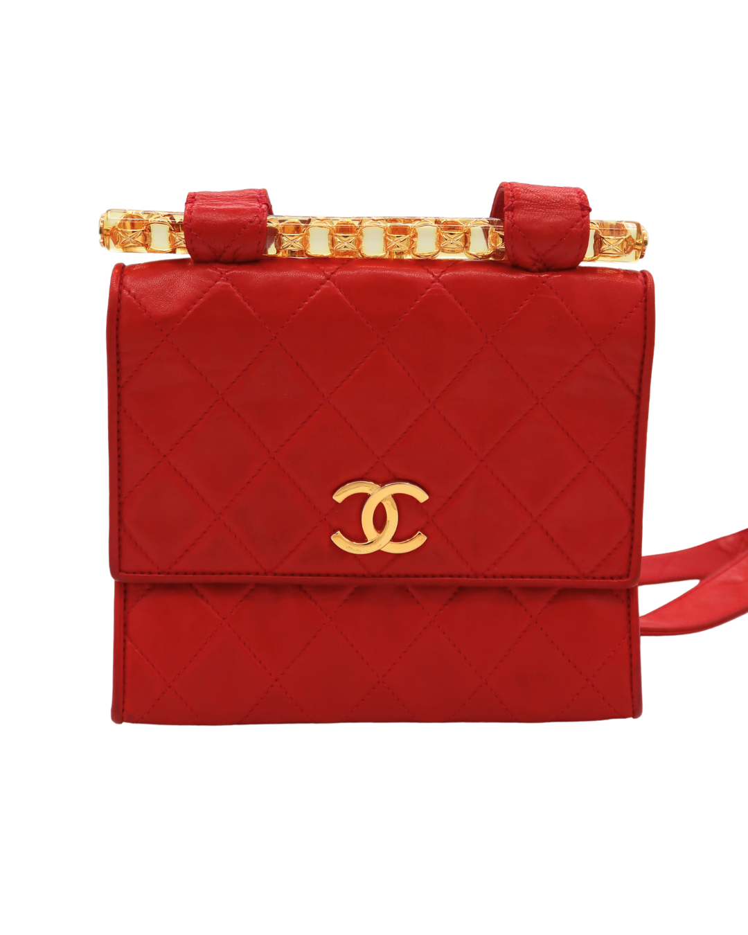 Chanel RARE Vintage Red Lambskin Clear Bijoux Chain Shoulder Bag 1989-1991