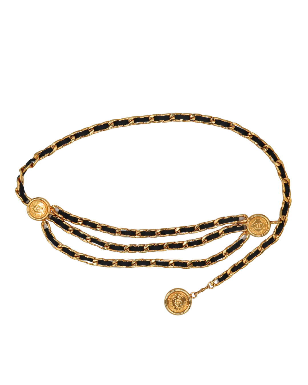 Chanel Vintage Triple Leather and Gold Chain Waist Belt 1995