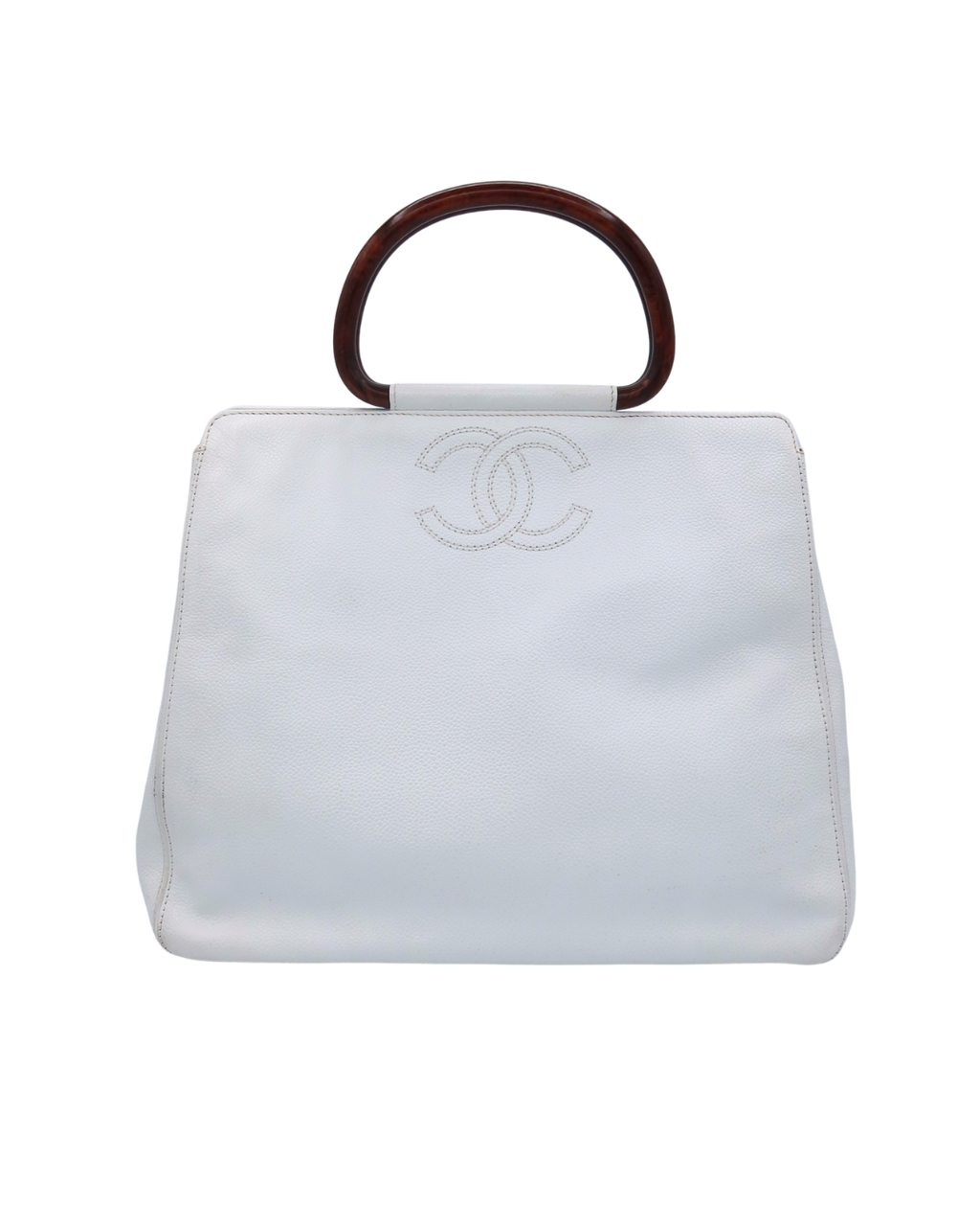 Chanel Vintage White Caviar Leather Handbag with Wood Handles 1997-1999