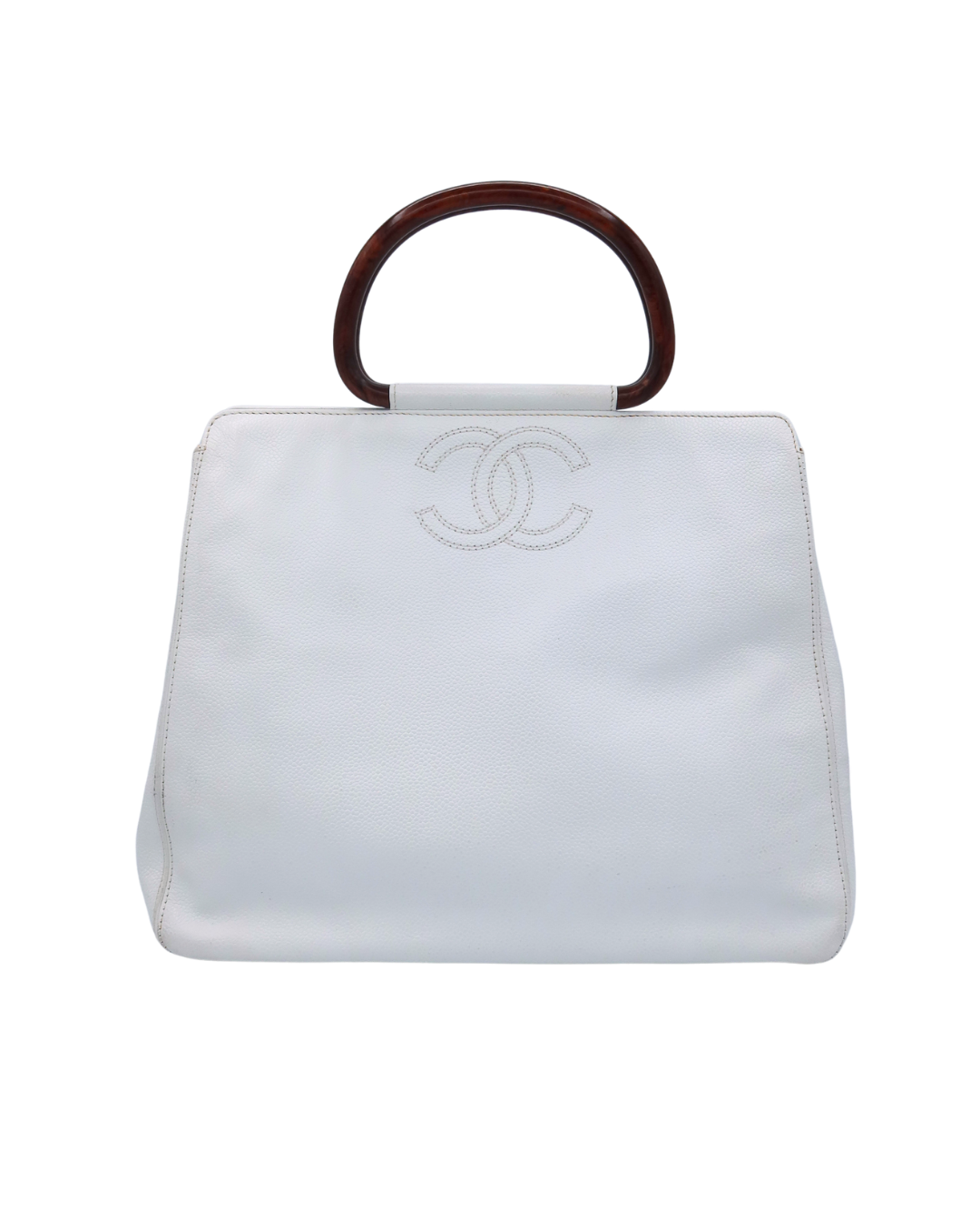Chanel Vintage White Caviar Leather Handbag with Wood Handles 1997-1999