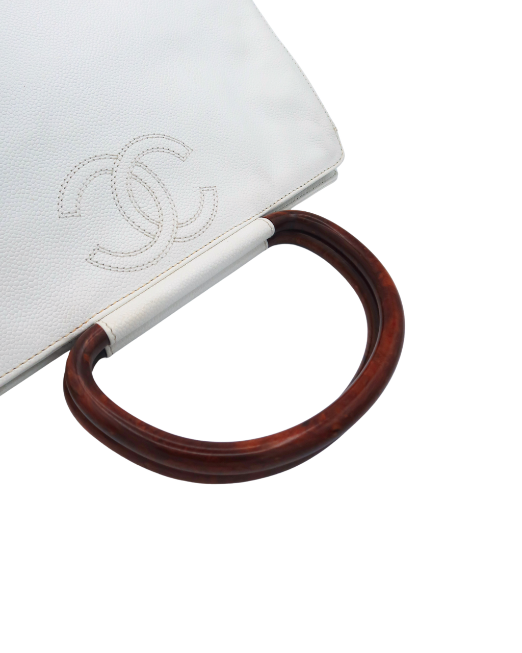 Chanel Vintage White Caviar Leather Handbag with Wood Handles 1997-1999