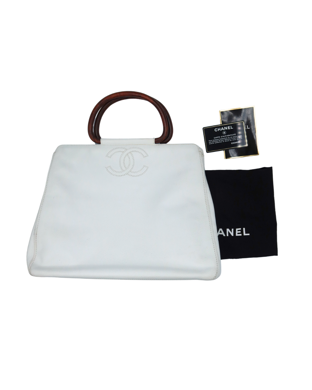 Chanel Vintage White Caviar Leather Handbag with Wood Handles 1997-1999