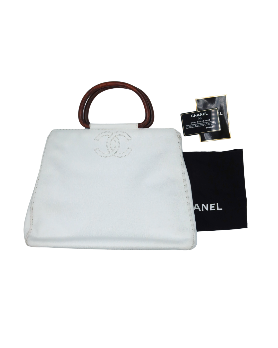 Chanel Vintage White Caviar Leather Handbag with Wood Handles 1997-1999