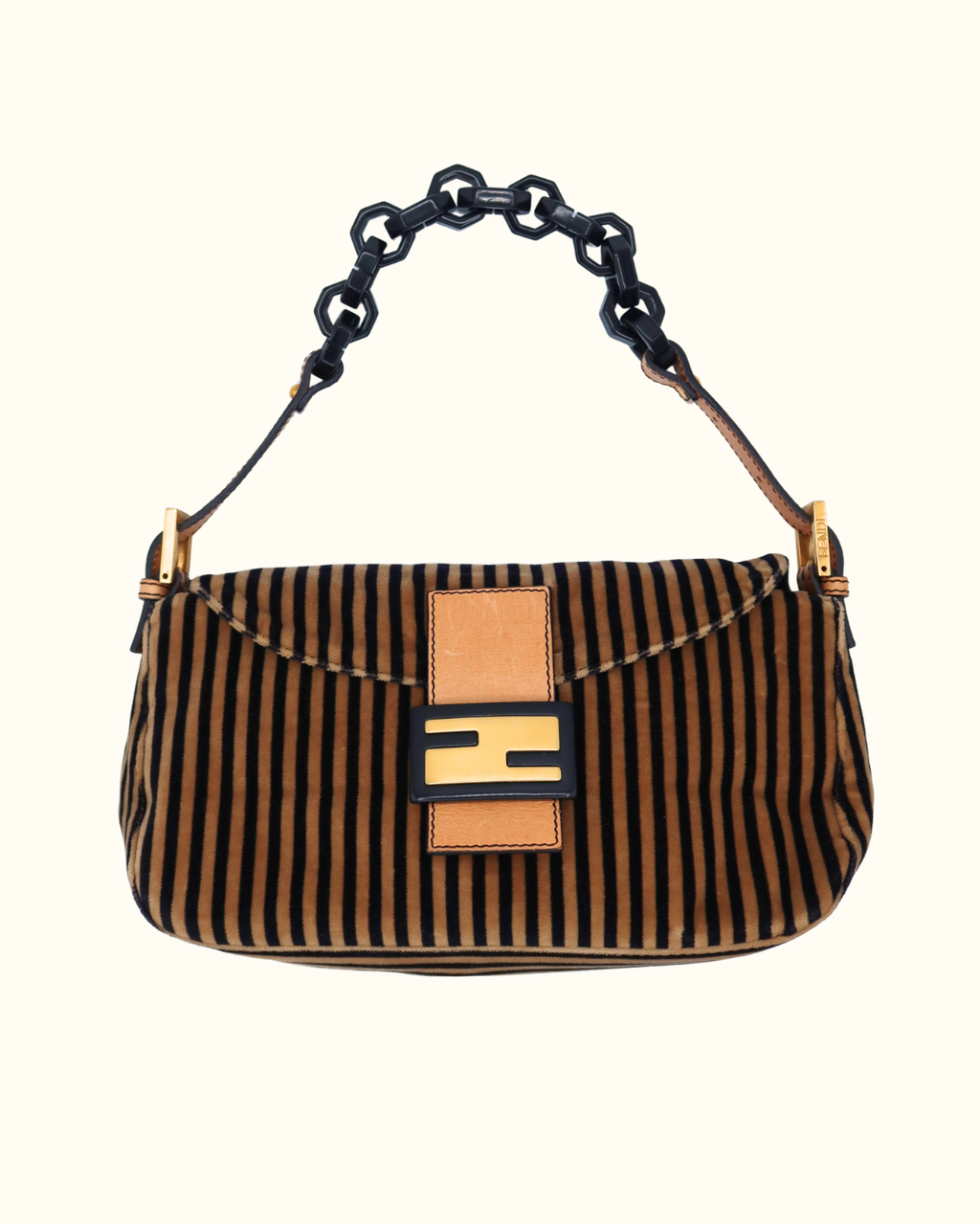 Fendi Vintage Velvet Black Beige Striped Baguette Bag
