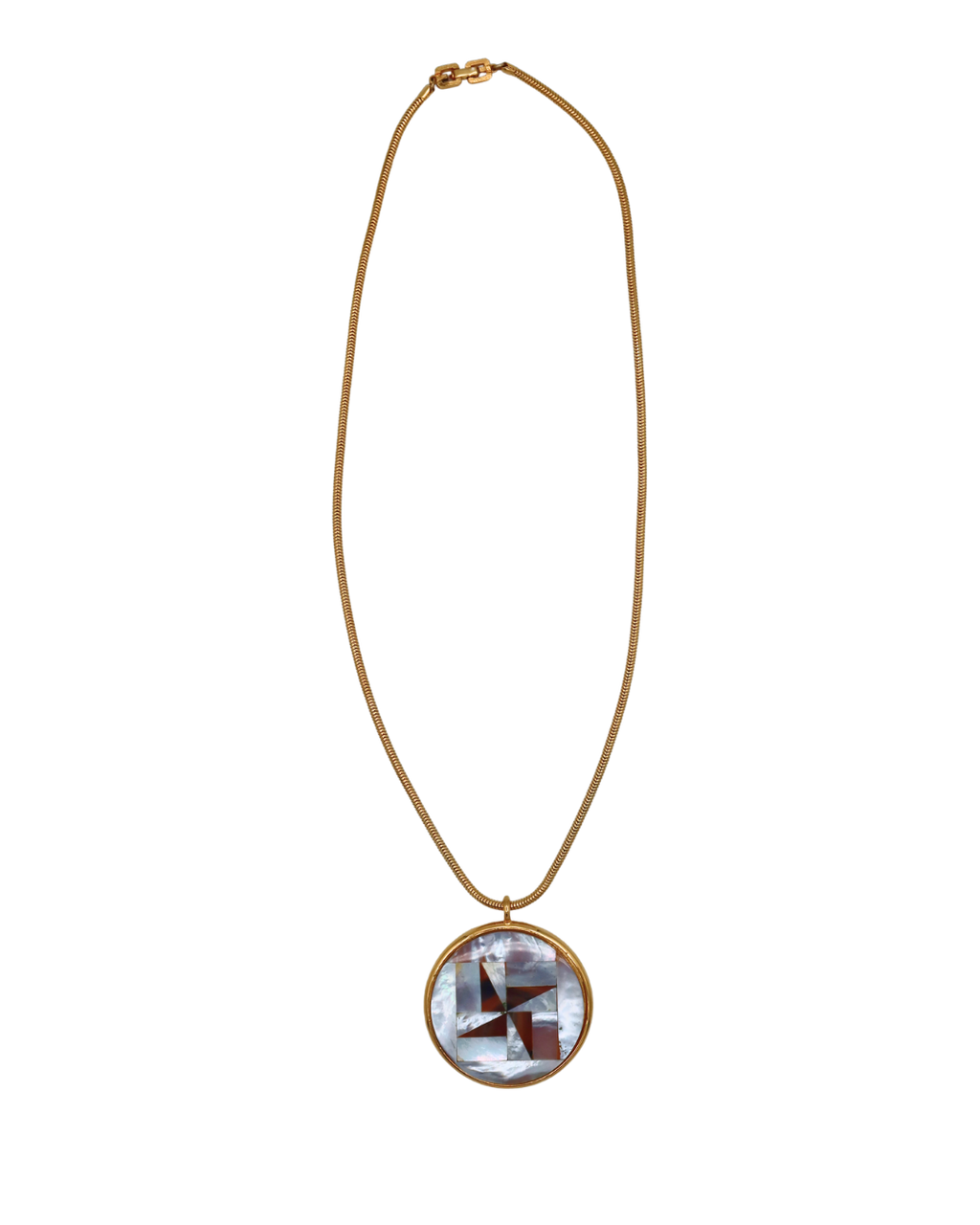 Givenchy Vintage Mother of Pearl Geometric Round Pendant Necklace 1977