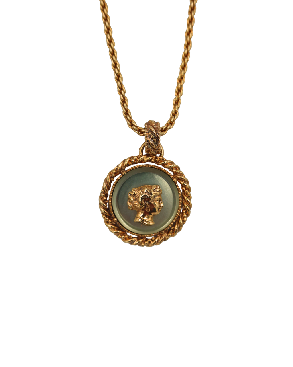 Yves Saint Laurent Vintage Green Cameo Medallion Rope Chain Necklace