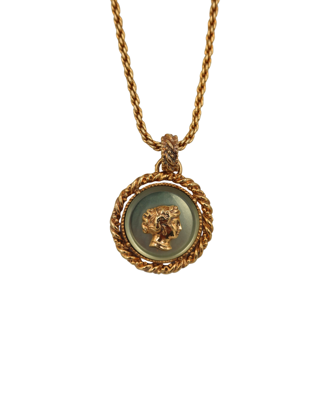 Yves Saint Laurent Vintage Green Cameo Medallion Rope Chain Necklace