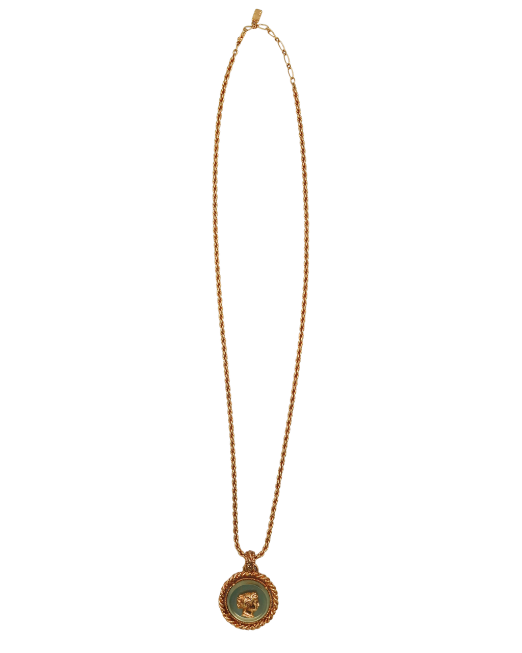 Yves Saint Laurent Vintage Green Cameo Medallion Rope Chain Necklace